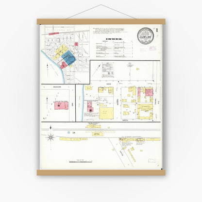 Old map wall art mockup — magnetic wood frame on white wall — Sanborn Fire Insurance Map from Clear Lake, Cerro Gordo County, Iowa (1909) â€” Complete Set