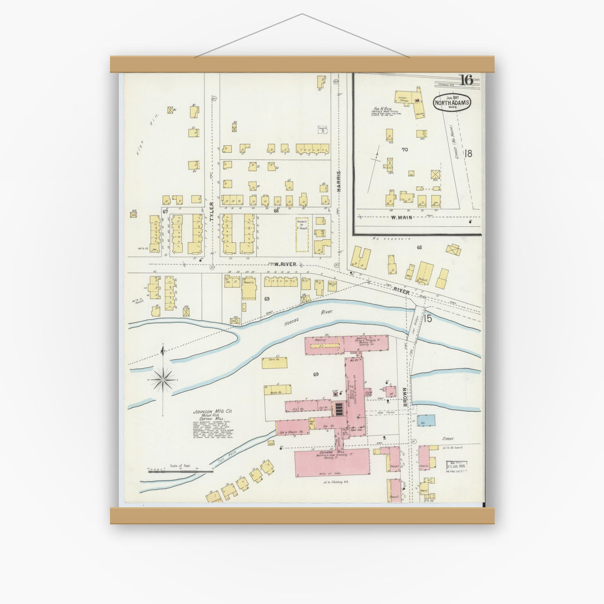 Old map wall art mockup — magnetic wood frame on white wall — Sanborn Fire Insurance Map from North Adams, Berkshire County, Massachusetts (1897), Sheet #0016
