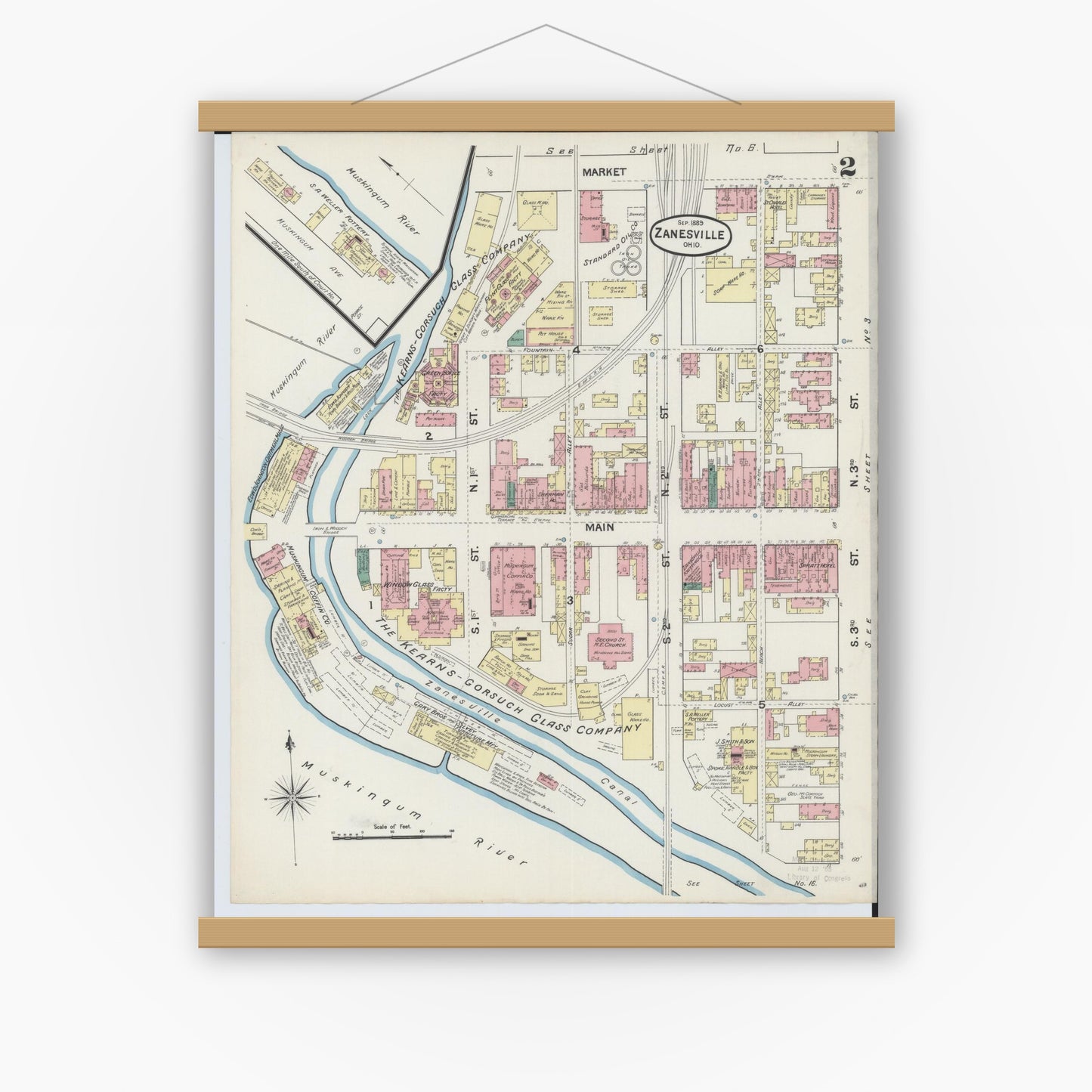 Old map wall art mockup — magnetic wood frame on white wall — Sanborn Fire Insurance Map from Zanesville, Muskingum County, Ohio (1889), Sheet #0002