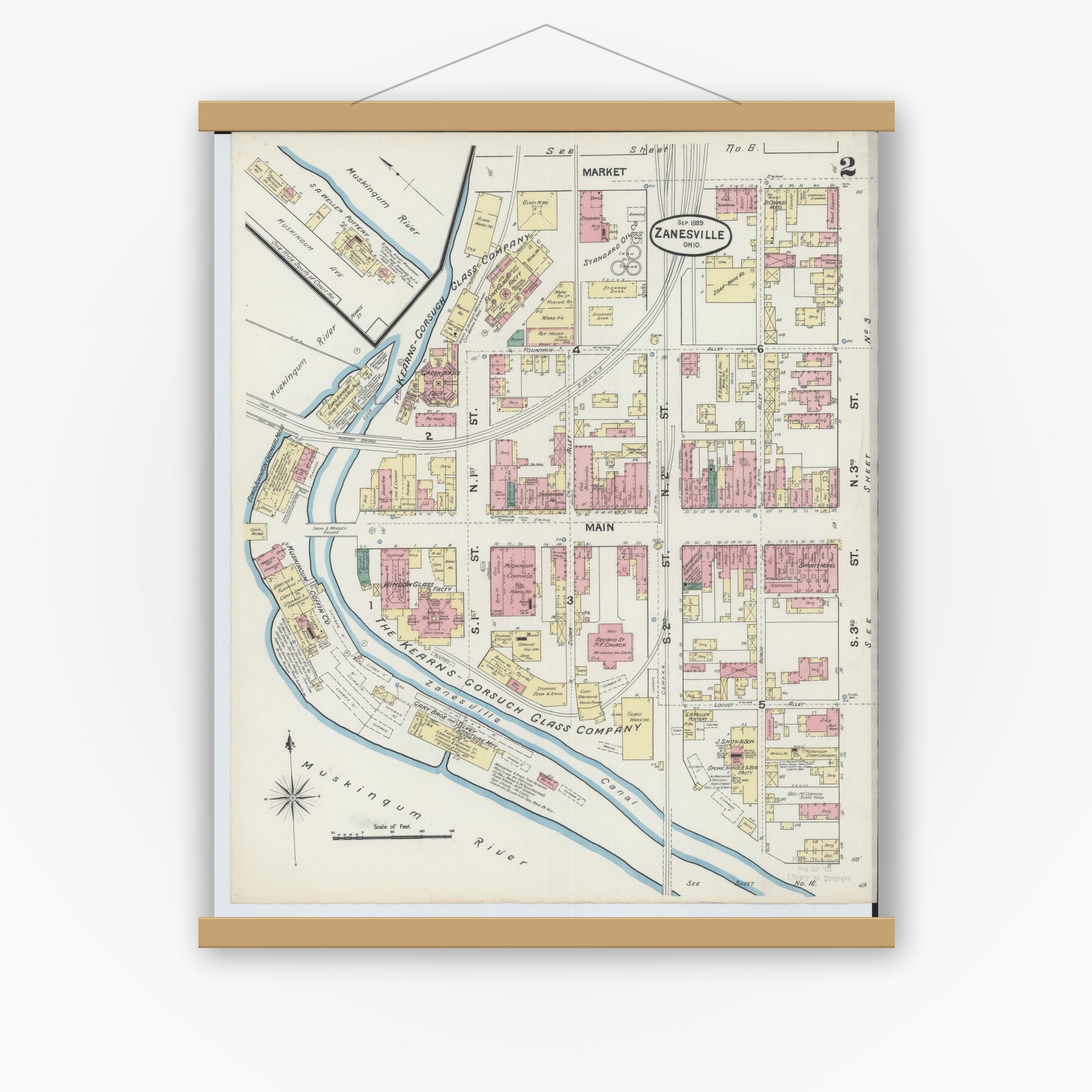 Old map wall art mockup — magnetic wood frame on white wall — Sanborn Fire Insurance Map from Zanesville, Muskingum County, Ohio (1889), Sheet #0002