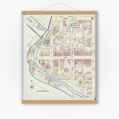 Old map wall art mockup — magnetic wood frame on white wall — Sanborn Fire Insurance Map from Zanesville, Muskingum County, Ohio (1889), Sheet #0002