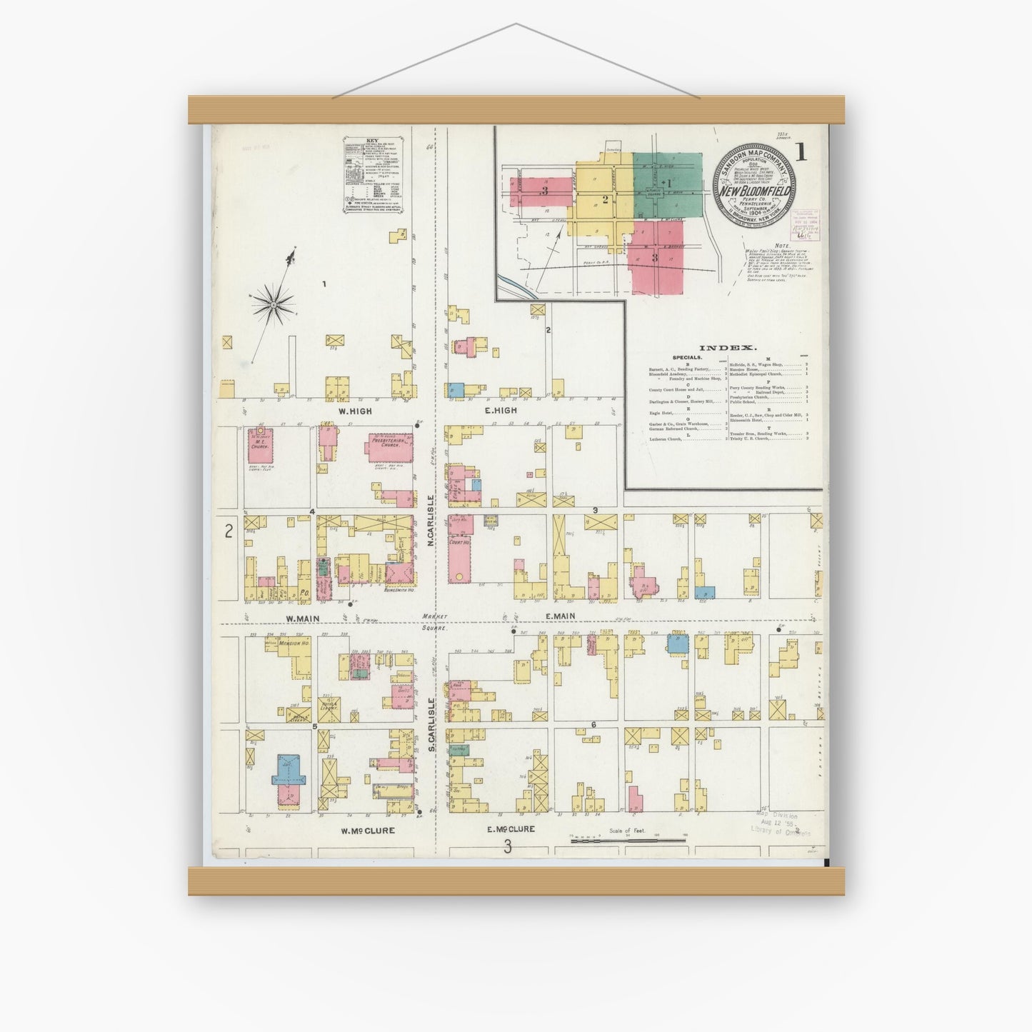 Old map wall art mockup — magnetic wood frame on white wall — Sanborn Fire Insurance Map from New Bloomfield, Perry County, Pennsylvania (1904) - Complete Map Set