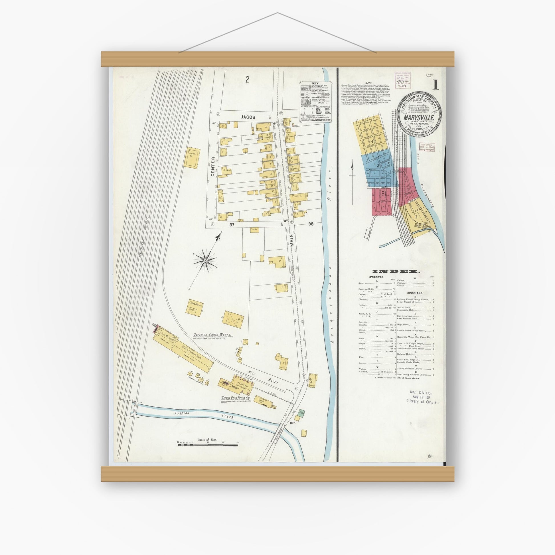 Old map wall art mockup — magnetic wood frame on white wall — Sanborn Fire Insurance Map from Marysville, Perry County, Pennsylvania (1905) - Complete Map Set