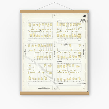 Old map wall art mockup — magnetic wood frame on white wall — Sanborn Fire Insurance Map from Denison, Grayson County, Texas (1908), Sheet #0020