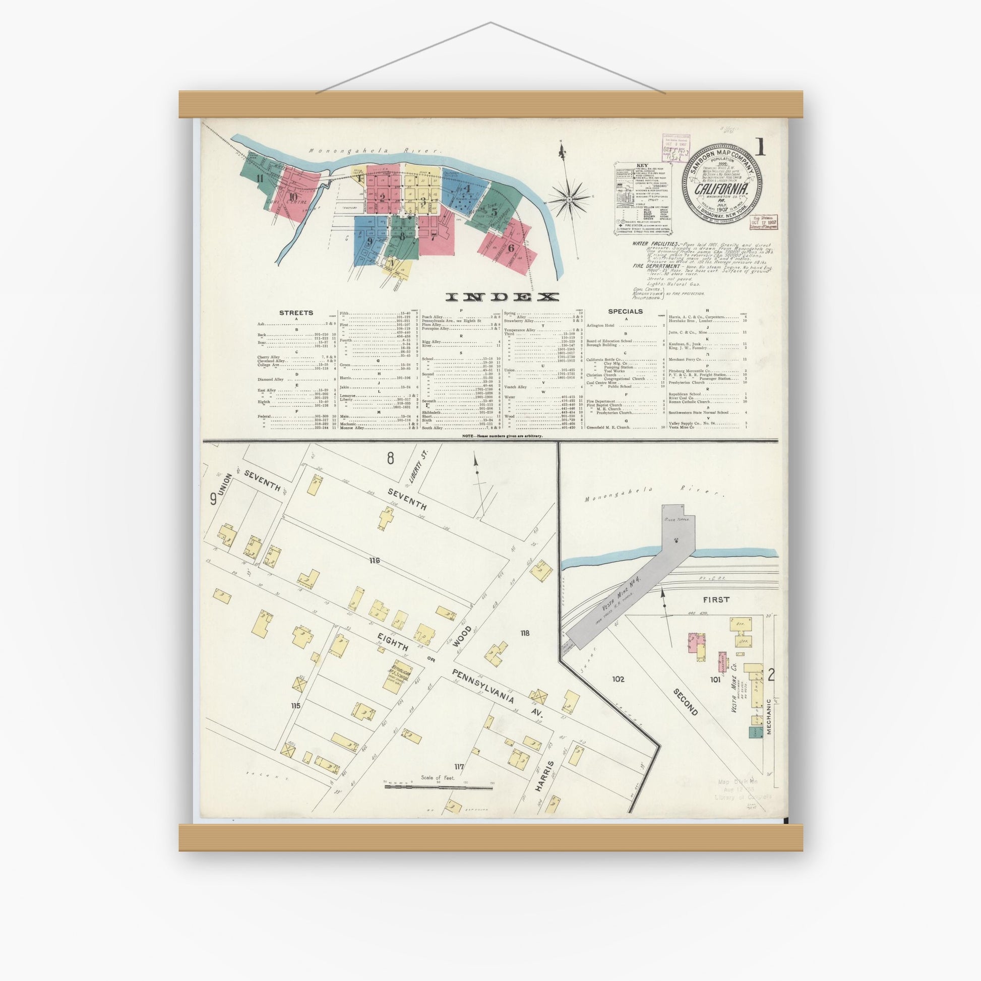 Old map wall art mockup — magnetic wood frame on white wall — Sanborn Fire Insurance Map from California, Washington County, Pennsylvania (1907) - Complete Map Set