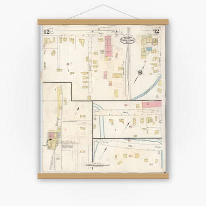 Old map wall art mockup — magnetic wood frame on white wall — Sanborn Fire Insurance Map from Port Allegany, McKean County, Pennsylvania (1940), Sheet #0012