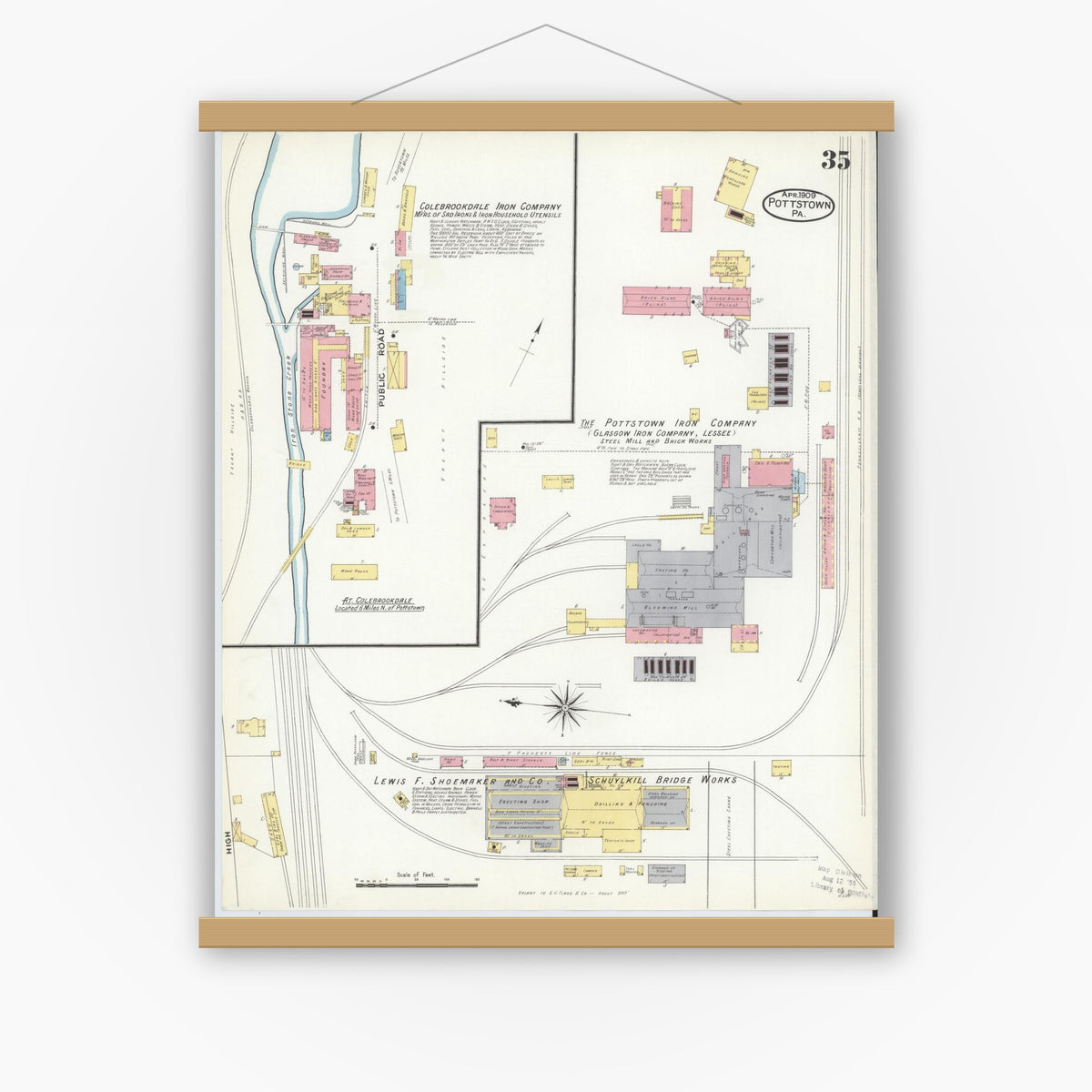 Old map wall art mockup — magnetic wood frame on white wall — Sanborn Fire Insurance Map from Pottstown, Montgomery County, Pennsylvania (1909), Sheet #0035