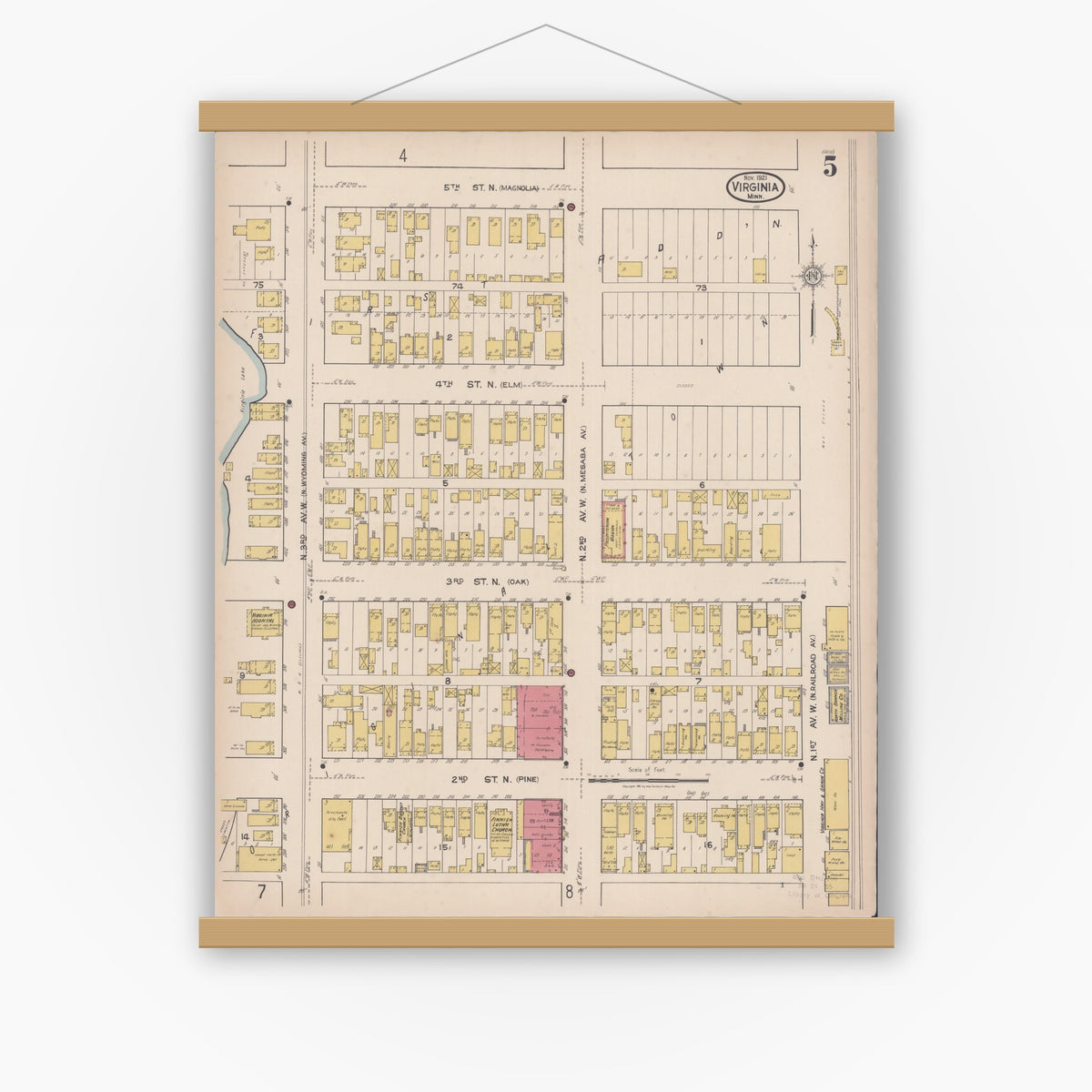 Old map wall art mockup — magnetic wood frame on white wall — Sanborn Fire Insurance Map from Virginia, Saint Louis County, Minnesota (1921), Sheet #0005