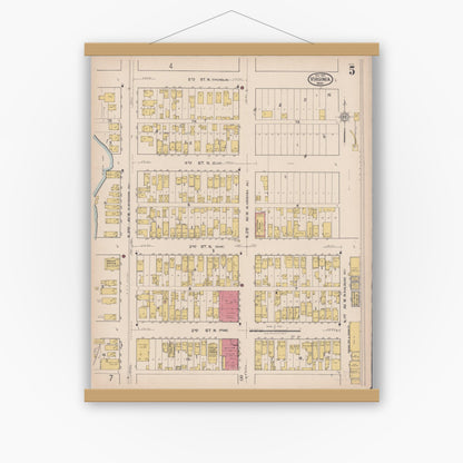 Old map wall art mockup — magnetic wood frame on white wall — Sanborn Fire Insurance Map from Virginia, Saint Louis County, Minnesota (1921), Sheet #0005