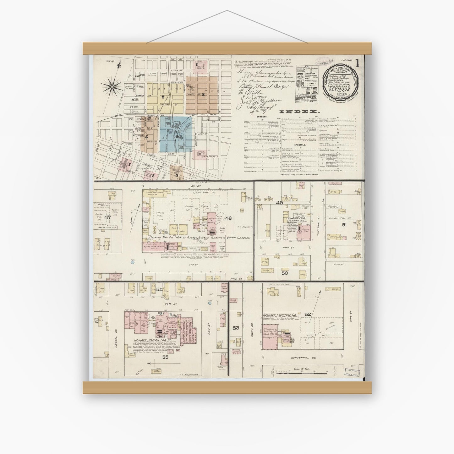 Old map wall art mockup — magnetic wood frame on white wall — Sanborn Fire Insurance Map from Seymour, Jackson County, Indiana (1887) - Complete Map Set