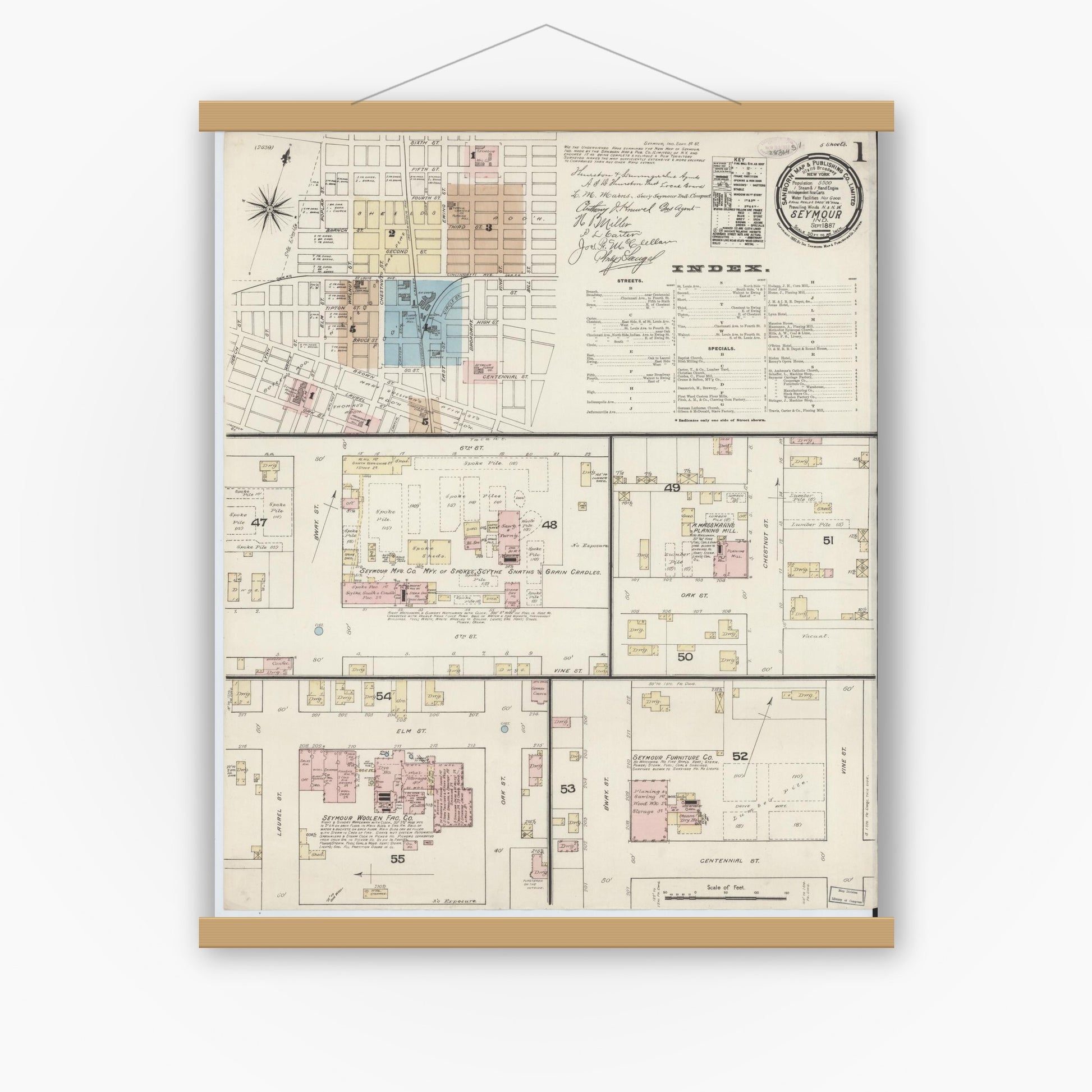 Old map wall art mockup — magnetic wood frame on white wall — Sanborn Fire Insurance Map from Seymour, Jackson County, Indiana (1887) - Complete Map Set