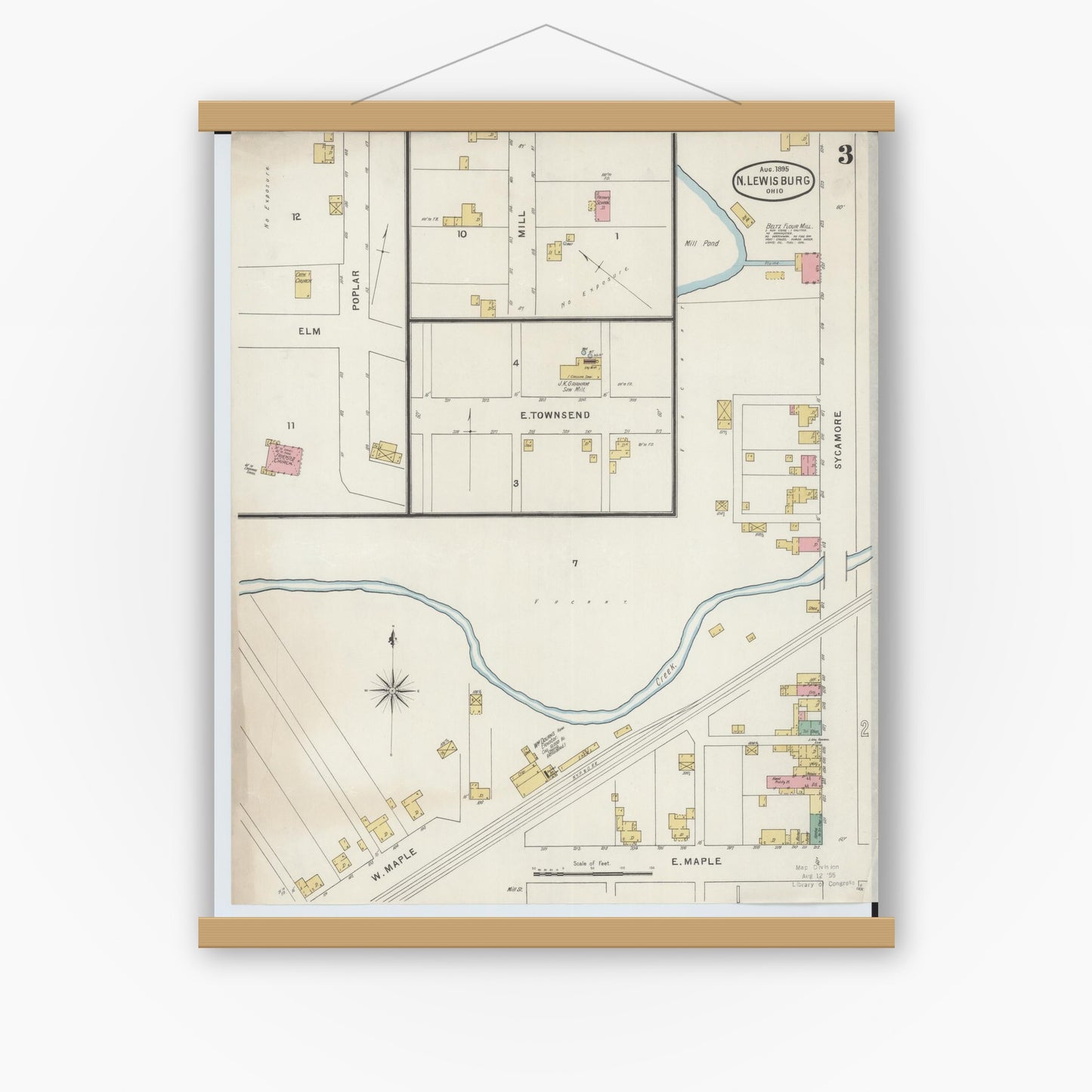 Old map wall art mockup — magnetic wood frame on white wall — Sanborn Fire Insurance Map from North Lewisburg, Champaign County, Ohio (1895), Sheet #0003