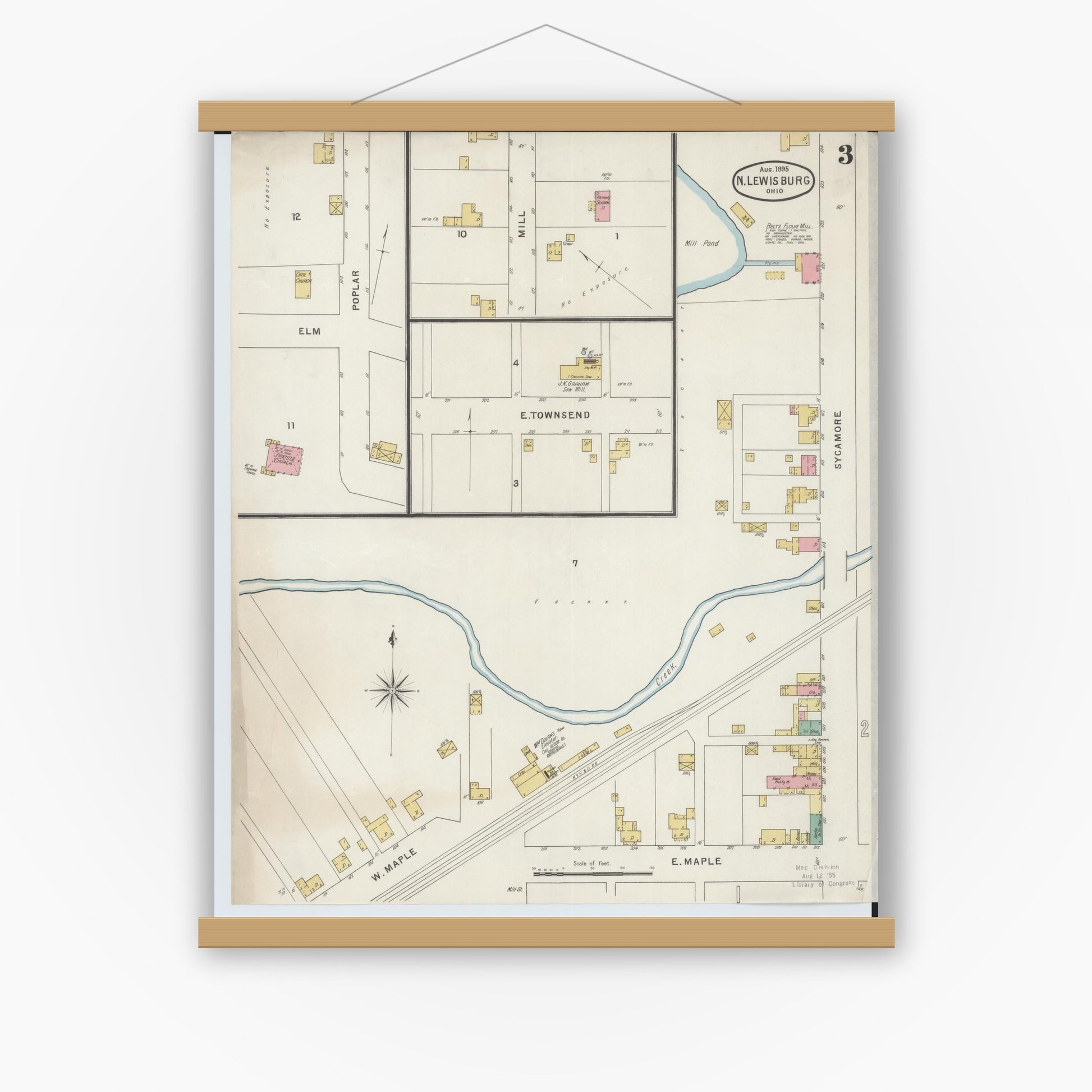 Old map wall art mockup — magnetic wood frame on white wall — Sanborn Fire Insurance Map from North Lewisburg, Champaign County, Ohio (1895), Sheet #0003