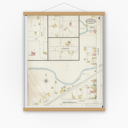 Old map wall art mockup — magnetic wood frame on white wall — Sanborn Fire Insurance Map from North Lewisburg, Champaign County, Ohio (1895), Sheet #0003