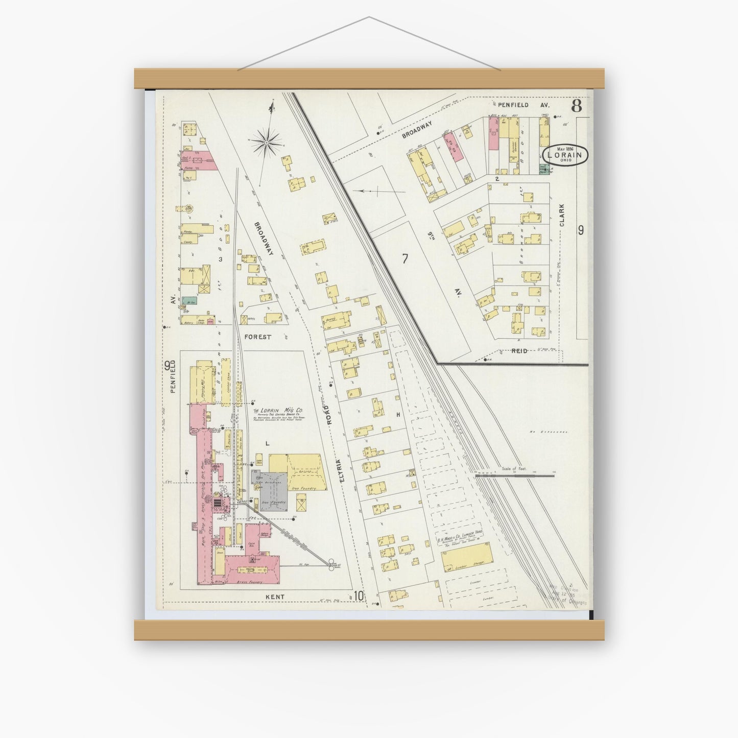 Old map wall art mockup — magnetic wood frame on white wall — Sanborn Fire Insurance Map from Lorain, Lorain County, Ohio (1896), Sheet #0008