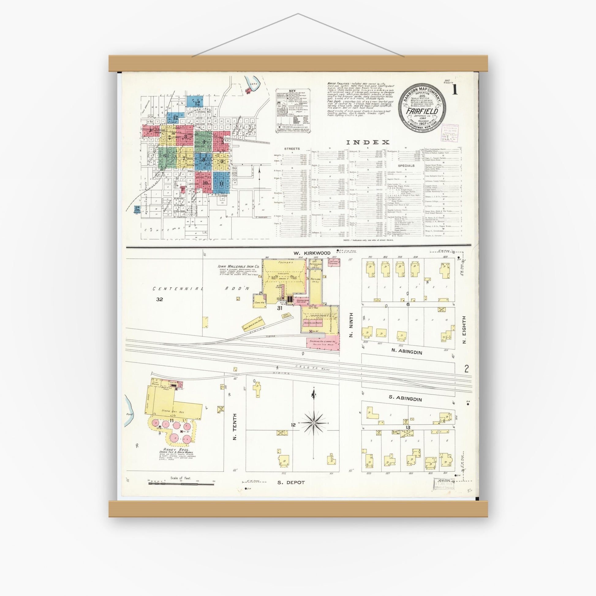 Old map wall art mockup — magnetic wood frame on white wall — Sanborn Fire Insurance Map from Fairfield, Jefferson County, Iowa (1907) â€” Complete Set