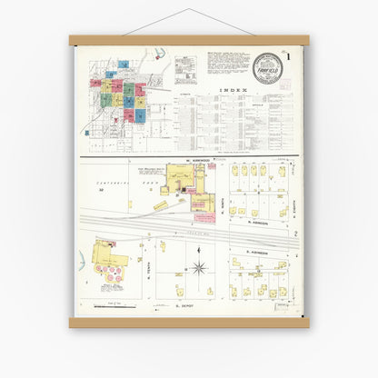 Old map wall art mockup — magnetic wood frame on white wall — Sanborn Fire Insurance Map from Fairfield, Jefferson County, Iowa (1907) â€” Complete Set
