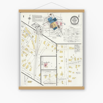 Old map wall art mockup — magnetic wood frame on white wall — Sanborn Fire Insurance Map from Oxford, Oakland County, Michigan (1926) - Complete Map Set