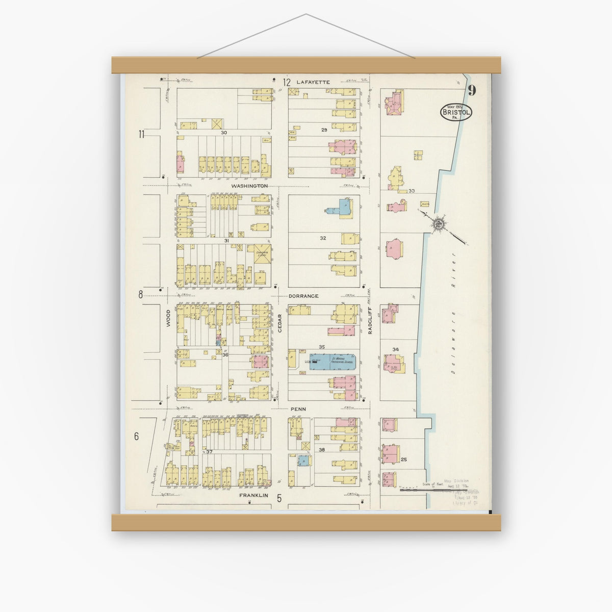 Old map wall art mockup — magnetic wood frame on white wall — Sanborn Fire Insurance Map from Bristol, Bucks County, Pennsylvania (1915), Sheet #0009