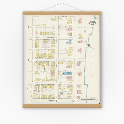 Old map wall art mockup — magnetic wood frame on white wall — Sanborn Fire Insurance Map from Bristol, Bucks County, Pennsylvania (1915), Sheet #0009