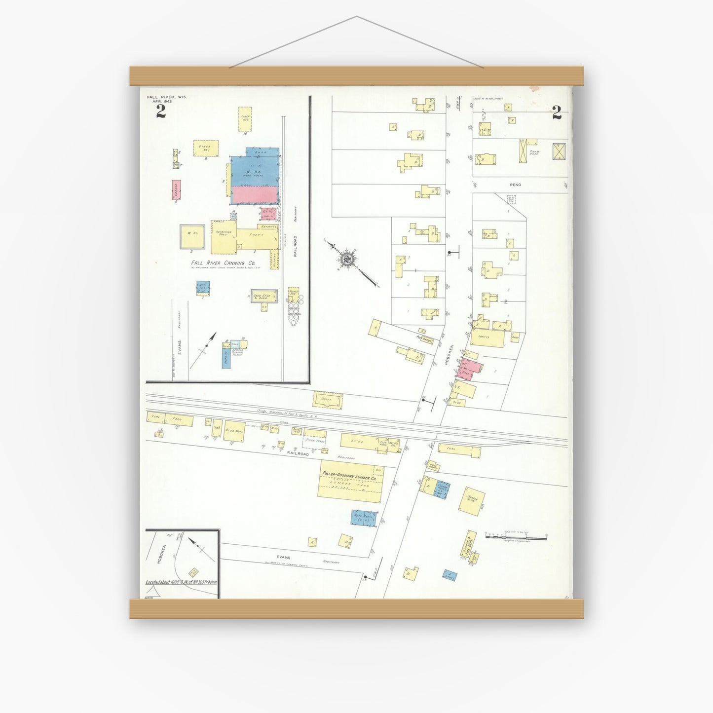 Old map wall art mockup — magnetic wood frame on white wall — Sanborn Fire Insurance Map from Fall River, Columbia County, Wisconsin (1943), Sheet #0002