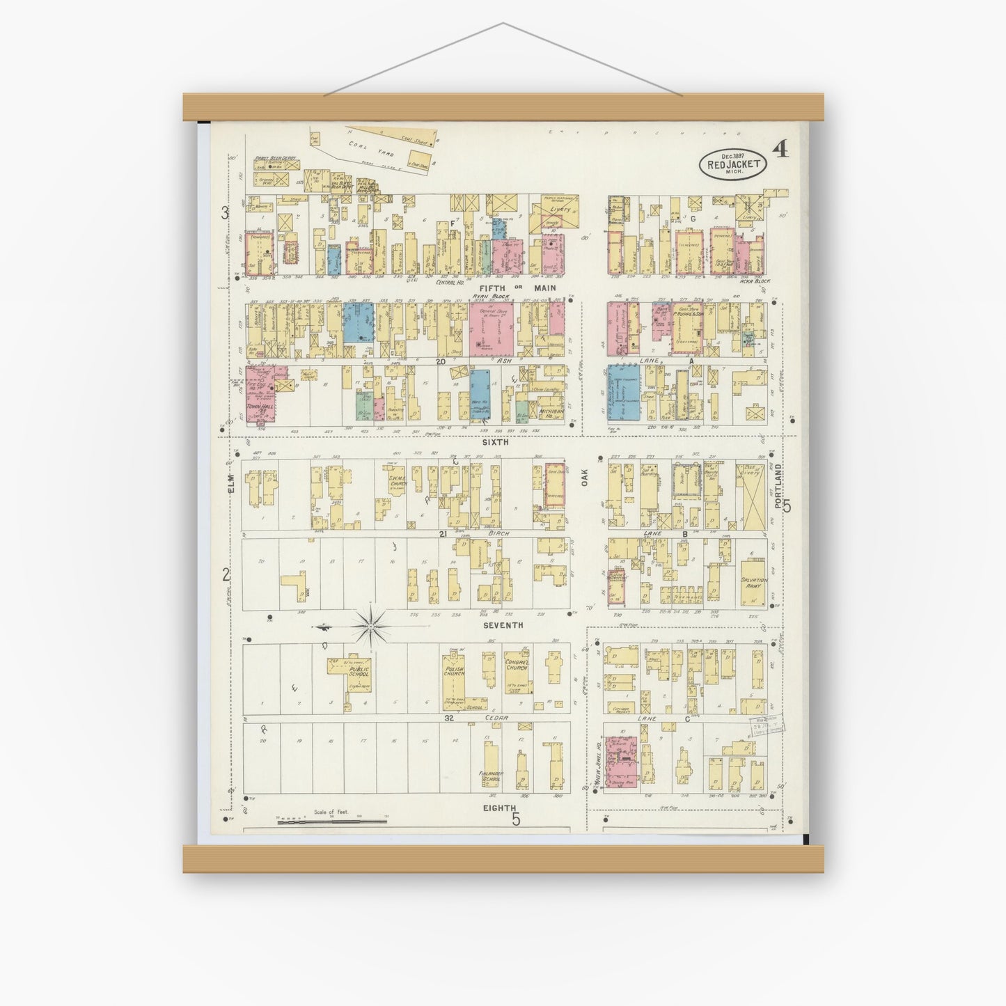 Old map wall art mockup — magnetic wood frame on white wall — Sanborn Fire Insurance Map from Red Jacket, Houghton County, Michigan (1897), Sheet #0004