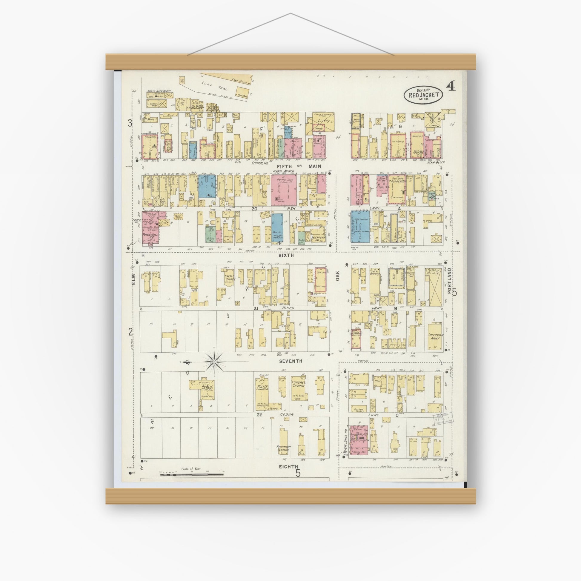 Old map wall art mockup — magnetic wood frame on white wall — Sanborn Fire Insurance Map from Red Jacket, Houghton County, Michigan (1897), Sheet #0004