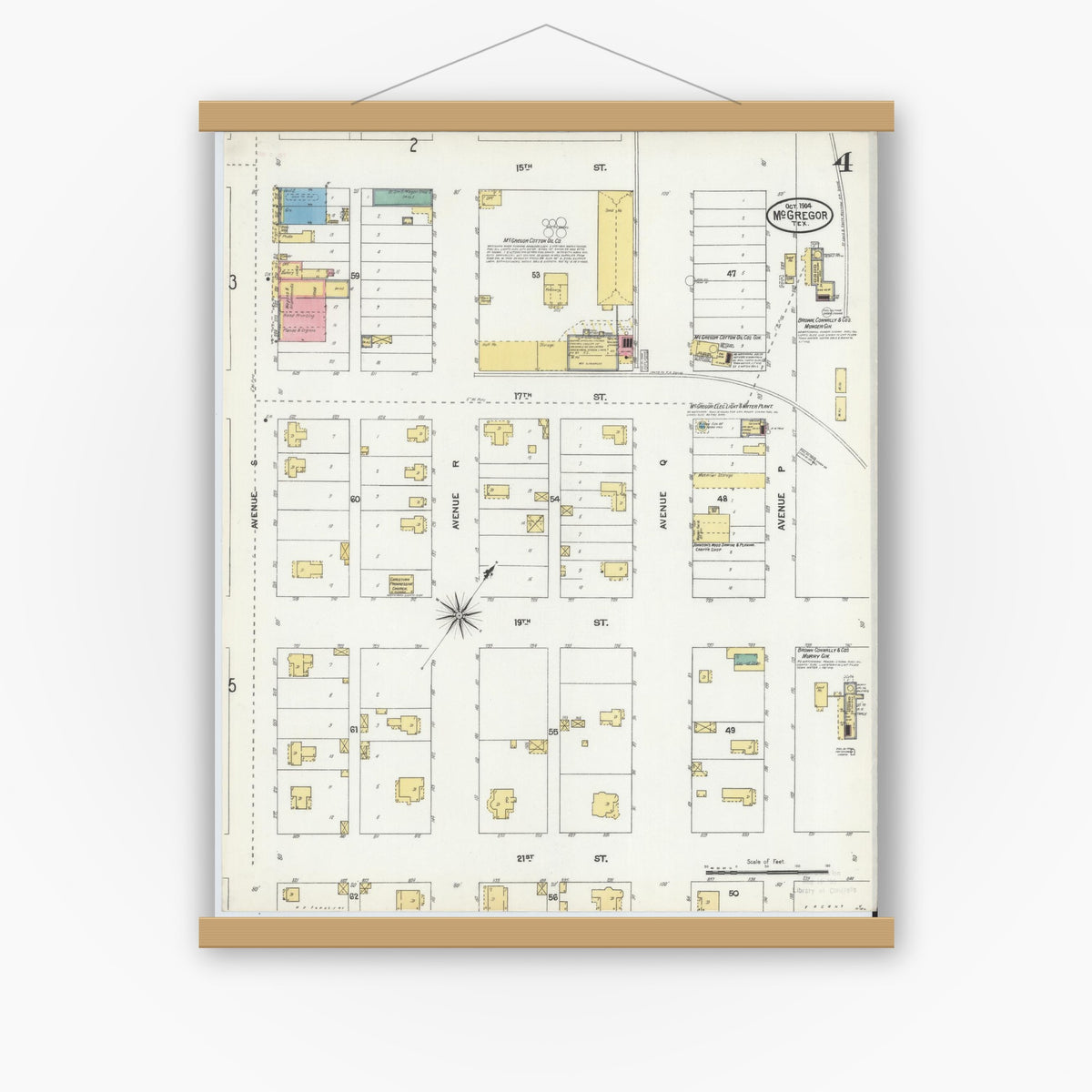 Old map wall art mockup — magnetic wood frame on white wall — Sanborn Fire Insurance Map from McGregor, McLennan County, Texas (1904), Sheet #0004