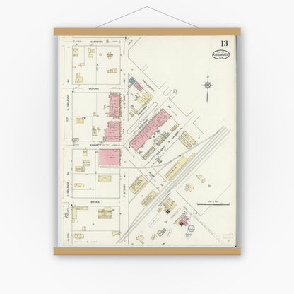 Old map wall art mockup — magnetic wood frame on white wall — Sanborn Fire Insurance Map from Kissimmee, Osceola County, Florida (1914), Sheet #0013