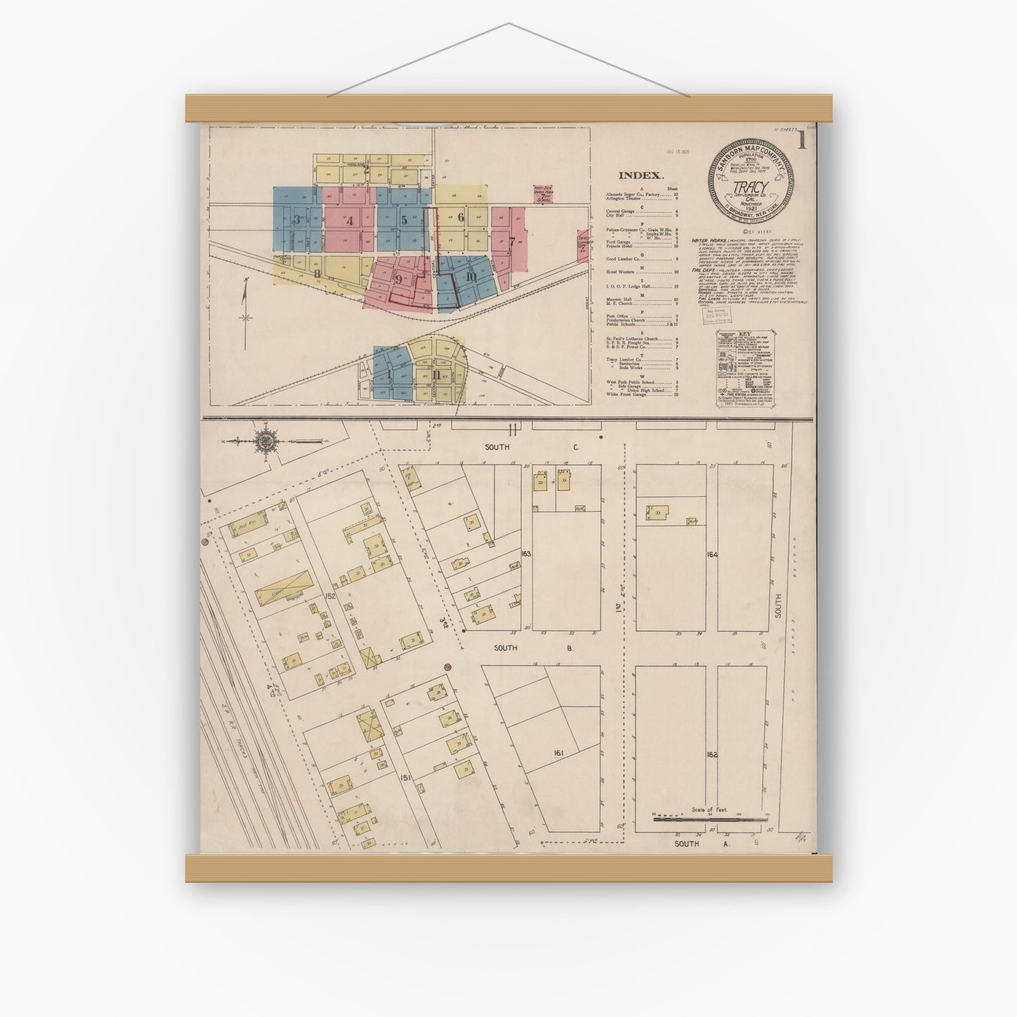 Old map wall art mockup — magnetic wood frame on white wall — Sanborn Fire Insurance Map from Tracy, San Joaquin County, California (1921) - Complete Map Set
