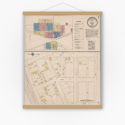 Old map wall art mockup — magnetic wood frame on white wall — Sanborn Fire Insurance Map from Tracy, San Joaquin County, California (1921) - Complete Map Set