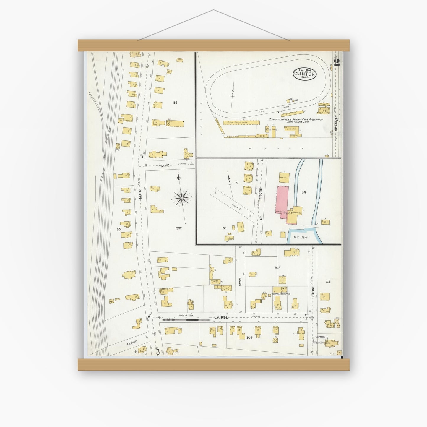 Old map wall art mockup — magnetic wood frame on white wall — Sanborn Fire Insurance Map from Clinton, Worcester County, Massachusetts (1904), Sheet #0002