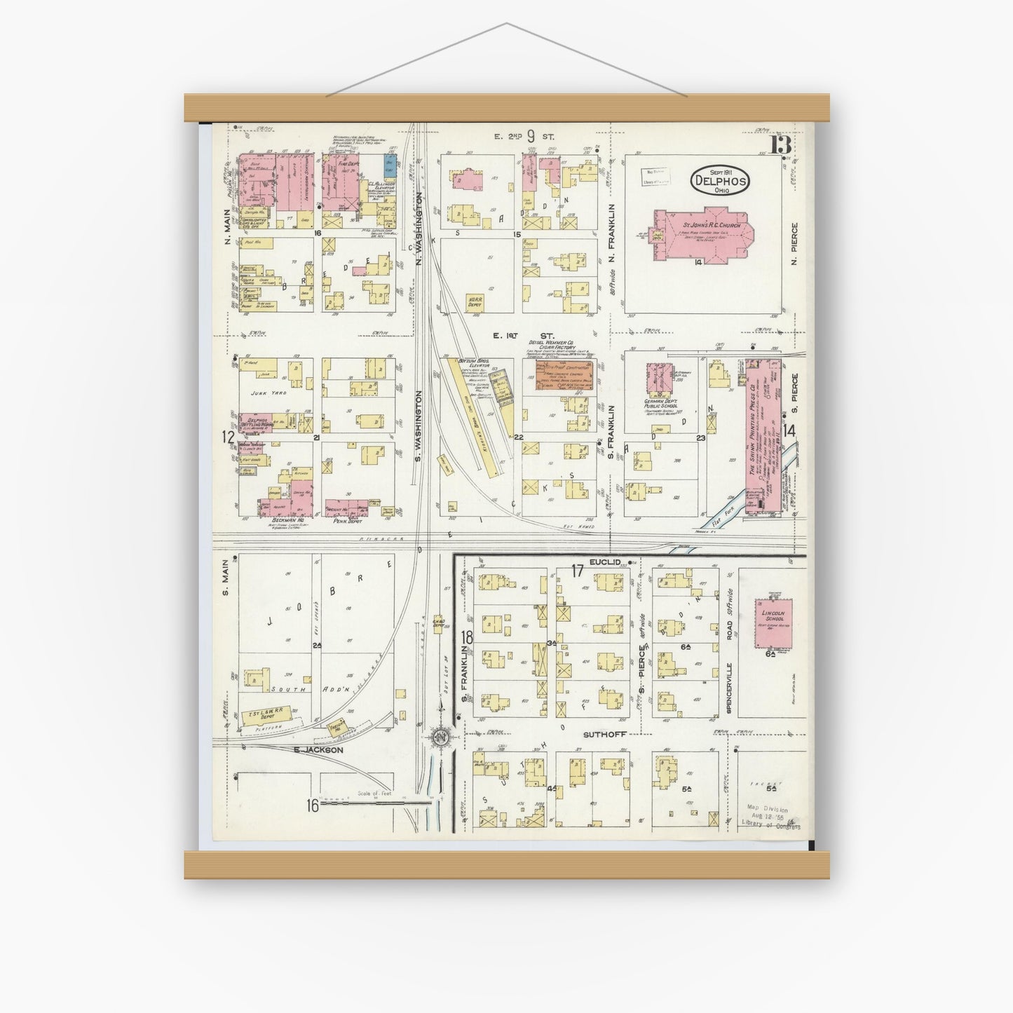 Old map wall art mockup — magnetic wood frame on white wall — Sanborn Fire Insurance Map from Delphos, Van Wert And Allen Counties, Ohio (1911), Sheet #0013