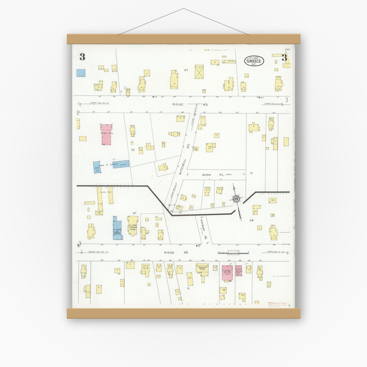 Old map wall art mockup — magnetic wood frame on white wall — Sanborn Fire Insurance Map from Greece, Monroe County, New York (1929), Sheet #0003