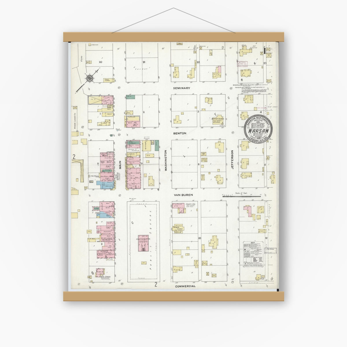 Old map wall art mockup — magnetic wood frame on white wall — Sanborn Fire Insurance Map from Warsaw, Benton County, Missouri (1909) - Complete Map Set