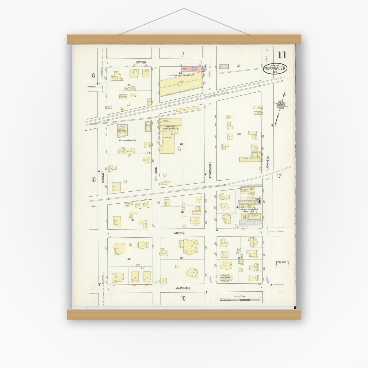 Old map wall art mockup — magnetic wood frame on white wall — Sanborn Fire Insurance Map from Greenville, Hunt County, Texas (1914), Sheet #0011