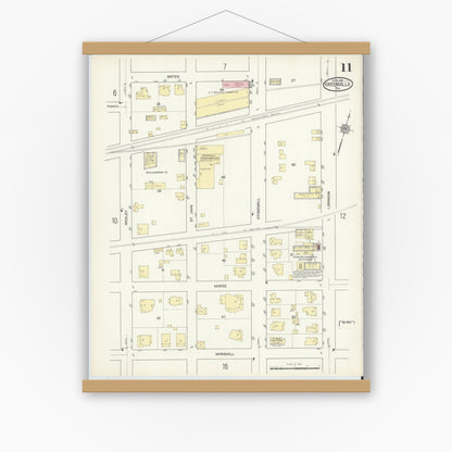 Old map wall art mockup — magnetic wood frame on white wall — Sanborn Fire Insurance Map from Greenville, Hunt County, Texas (1914), Sheet #0011