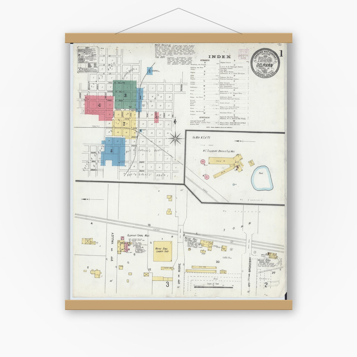 Old map wall art mockup — magnetic wood frame on white wall — Sanborn Fire Insurance Map from Delavan, Tazewell County, Illinois (1906) - Complete Map Set