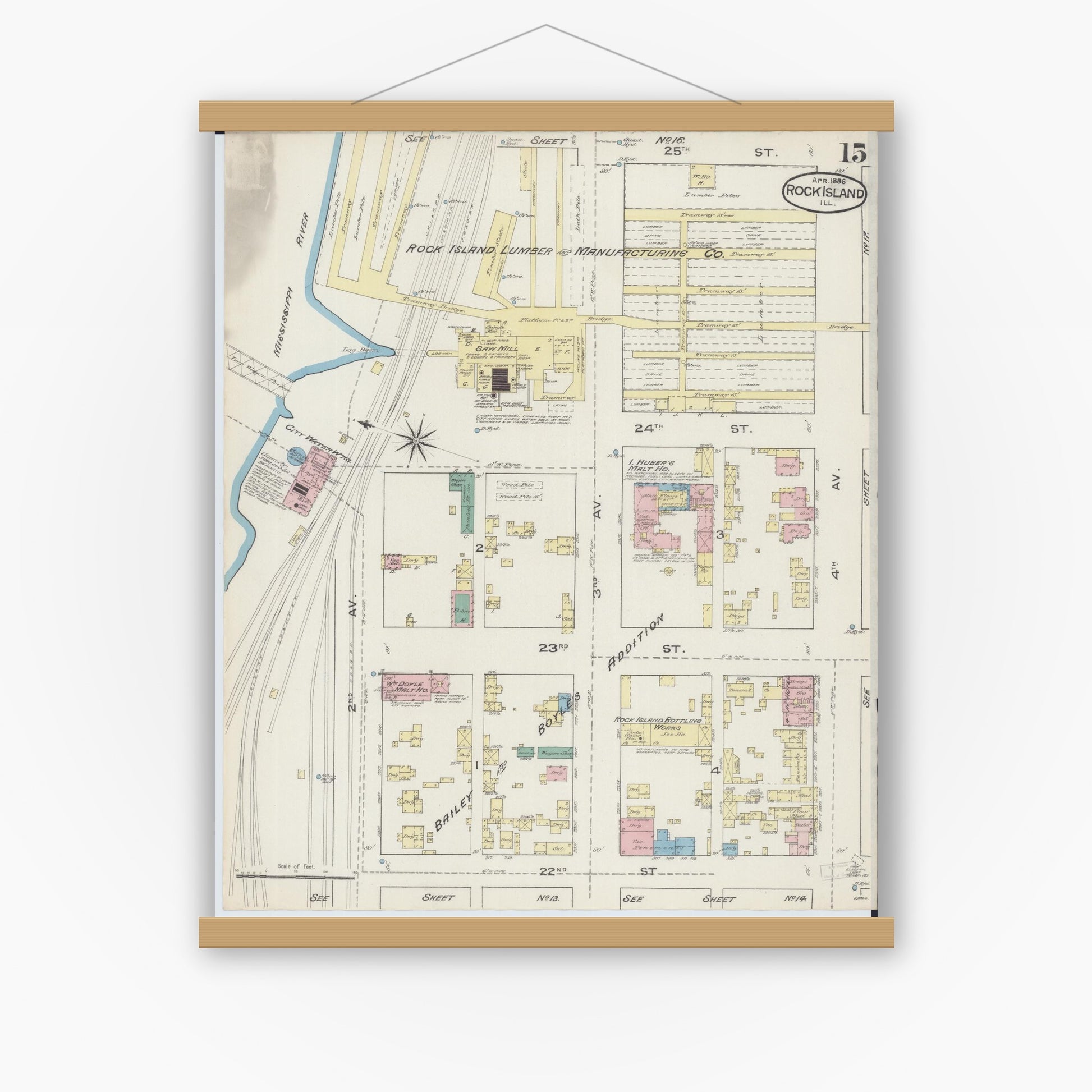 Old map wall art mockup — magnetic wood frame on white wall — Sanborn Fire Insurance Map from Rock Island, Rock Island County, Illinois (1886), Sheet #0015