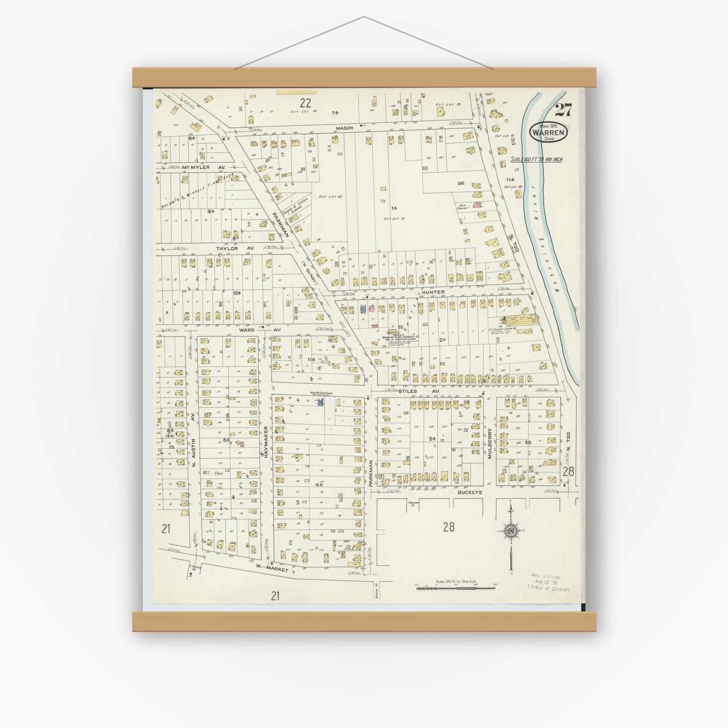Old map wall art mockup — magnetic wood frame on white wall — Sanborn Fire Insurance Map from Warren, Trumbull County, Ohio (1915), Sheet #0027