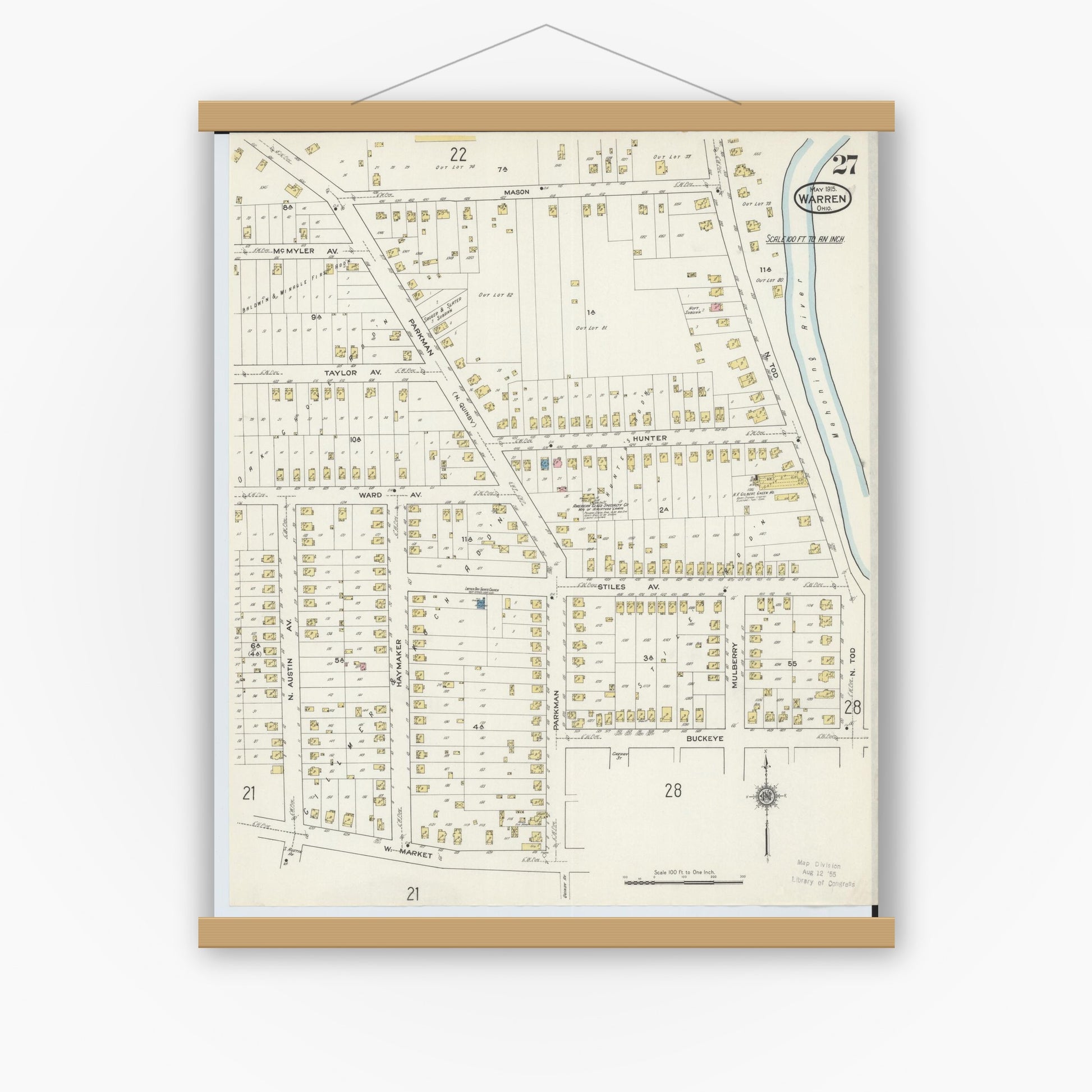 Old map wall art mockup — magnetic wood frame on white wall — Sanborn Fire Insurance Map from Warren, Trumbull County, Ohio (1915), Sheet #0027