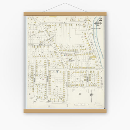 Old map wall art mockup — magnetic wood frame on white wall — Sanborn Fire Insurance Map from Warren, Trumbull County, Ohio (1915), Sheet #0027