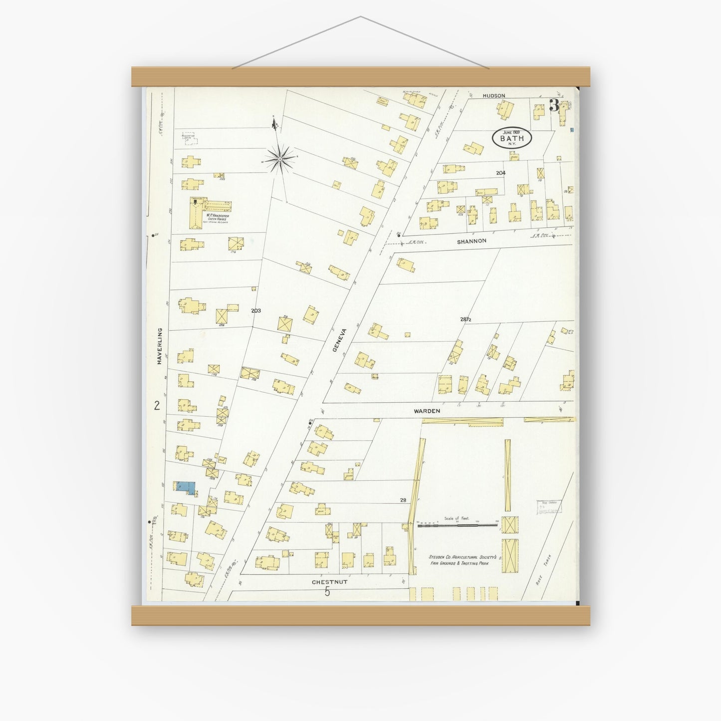 Old map wall art mockup — magnetic wood frame on white wall — Sanborn Fire Insurance Map from Bath, Steuben County, New York (1909), Sheet #0003