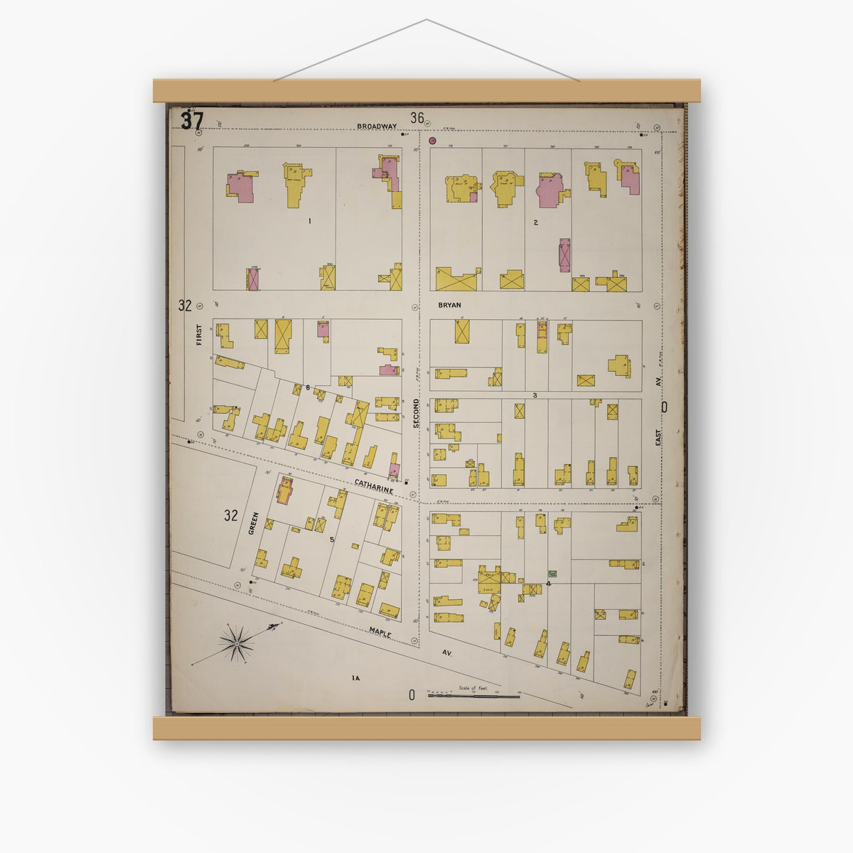 Old map wall art mockup — magnetic wood frame on white wall — Sanborn Fire Insurance Map from Saratoga, Saratoga County, New York (1900), Sheet #0037