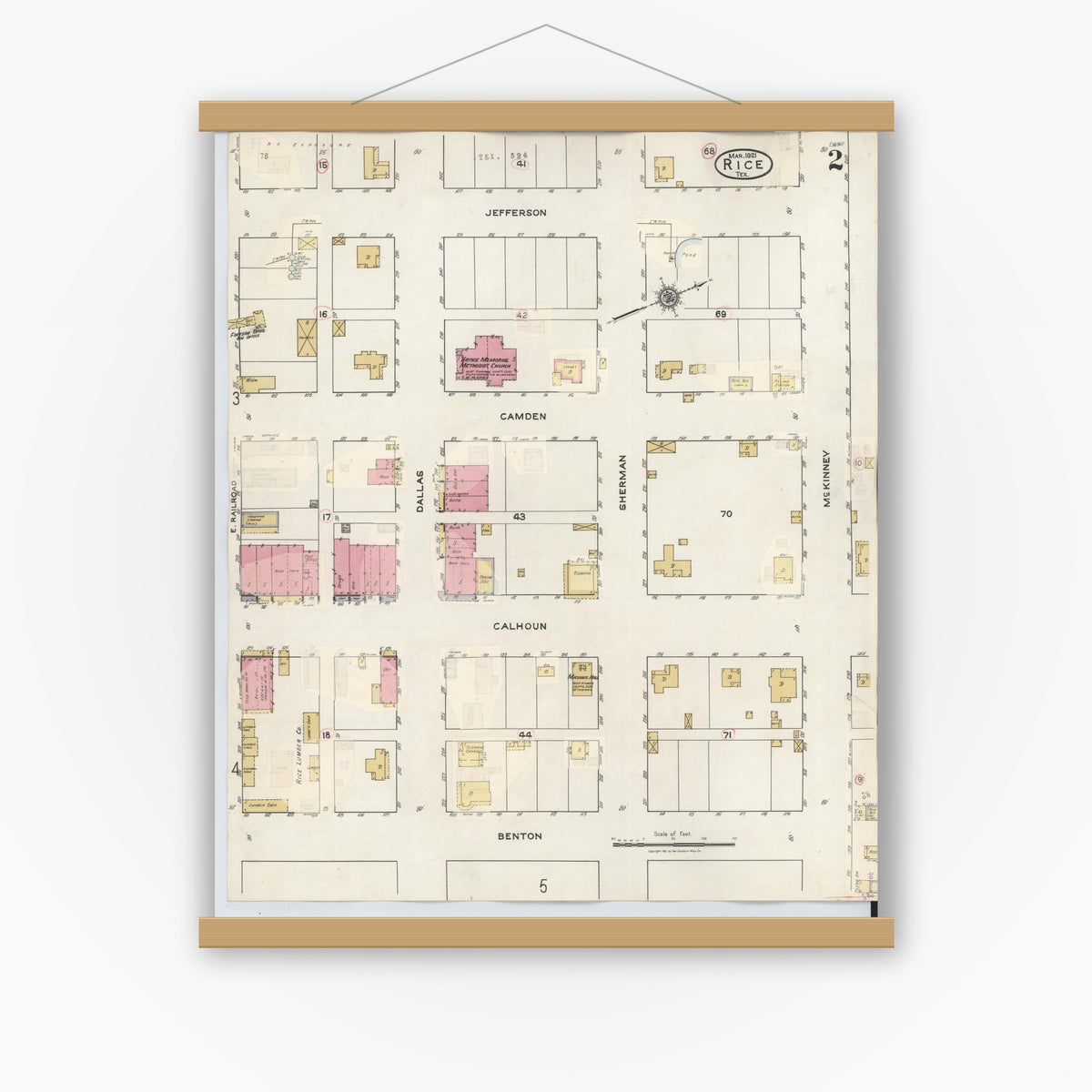 Old map wall art mockup — magnetic wood frame on white wall — Sanborn Fire Insurance Map from Rice, Navarro County, Texas (1935), Sheet #0002