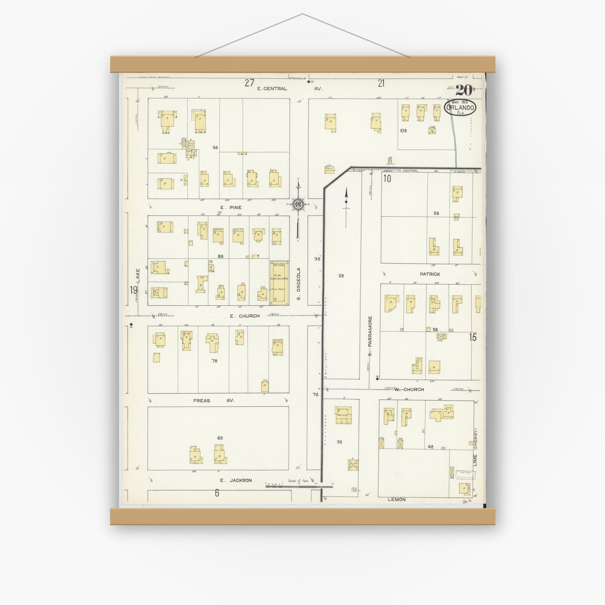 Old map wall art mockup — magnetic wood frame on white wall — Sanborn Fire Insurance Map from Orlando, Orange County, Florida (1913), Sheet #0020