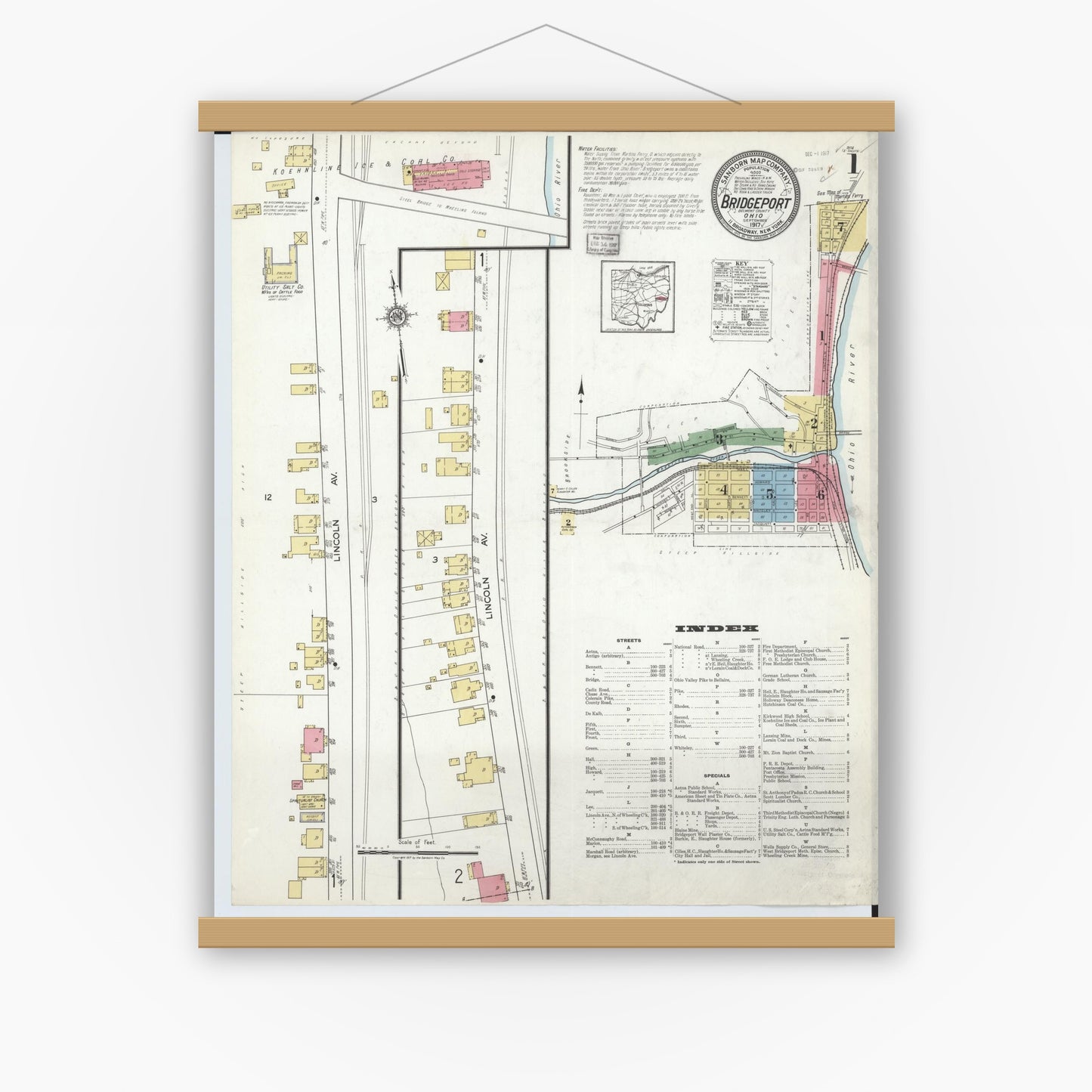Old map wall art mockup — magnetic wood frame on white wall — Sanborn Fire Insurance Map from Bridgeport, Belmont County, Ohio (1917), Sheet #0001