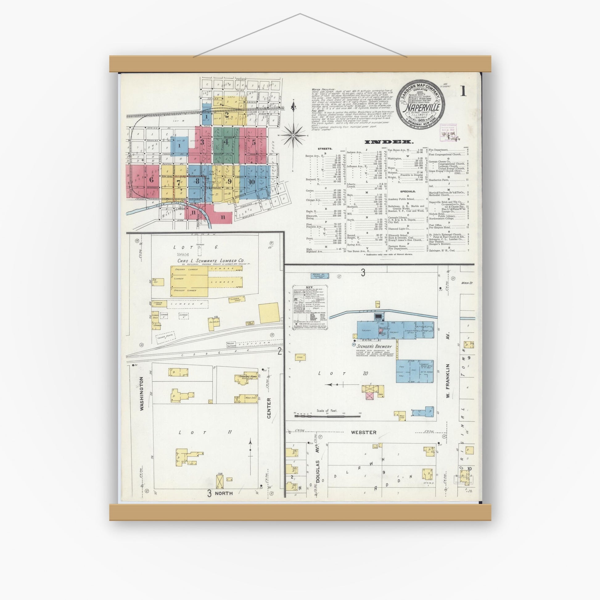 Old map wall art mockup — magnetic wood frame on white wall — Sanborn Fire Insurance Map from Naperville, Du Page County, Illinois (1909) - Complete Map Set