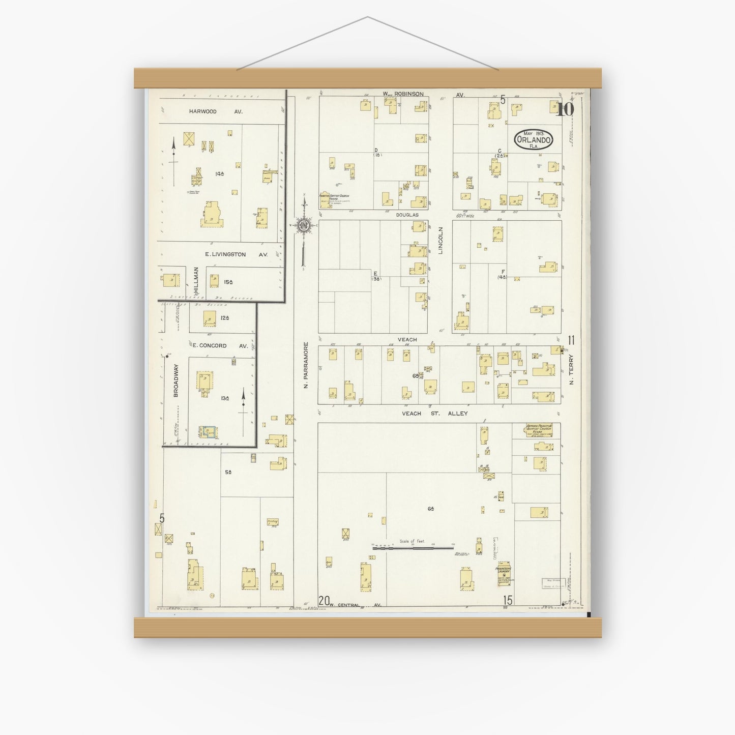 Old map wall art mockup — magnetic wood frame on white wall — Sanborn Fire Insurance Map from Orlando, Orange County, Florida (1913), Sheet #0010