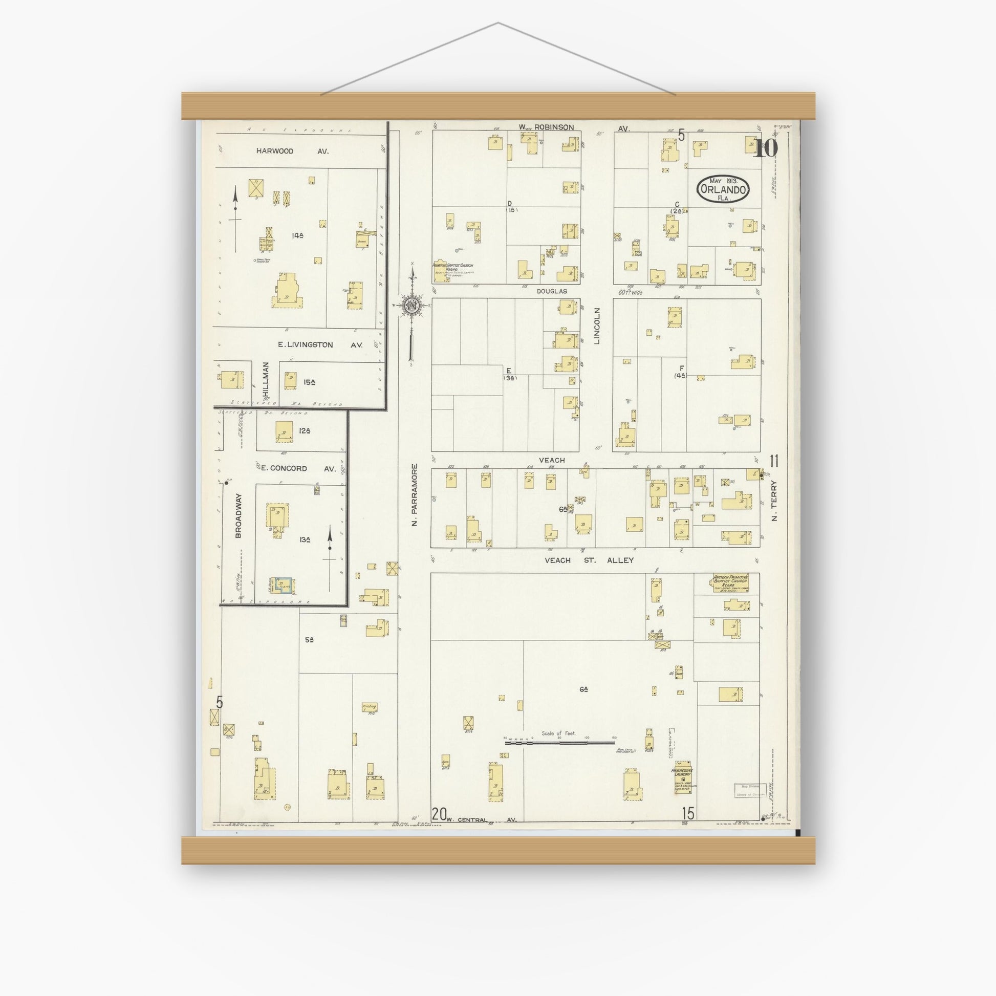 Old map wall art mockup — magnetic wood frame on white wall — Sanborn Fire Insurance Map from Orlando, Orange County, Florida (1913), Sheet #0010